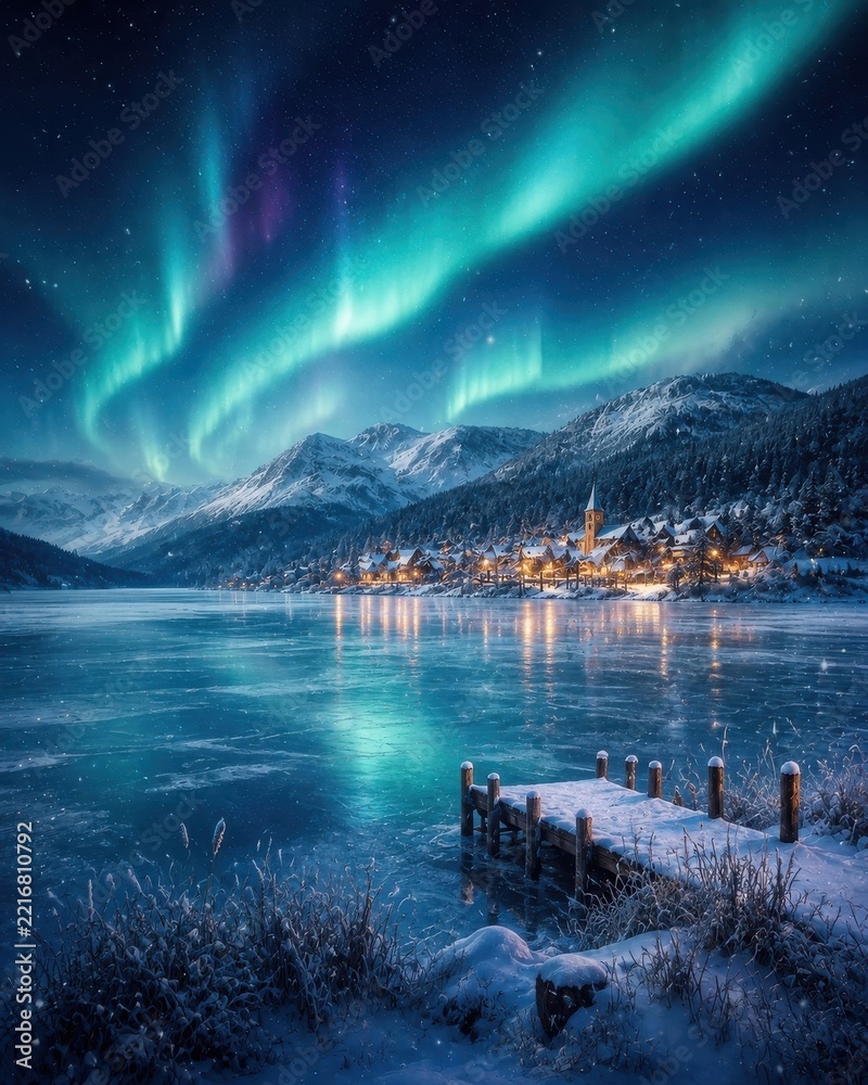 Fototapeta premium Aurora borealis above snowy alpine village and frozen lake