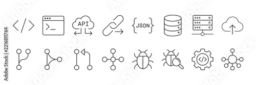 Software development and API integration icon set, code, cloud, server, database and programming symbols. Vector Illustration