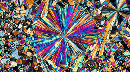 Abstract crystal structure forming vibrant kaleidoscopic pattern creates sense of joyful wonder through colorful polarized light microscopy