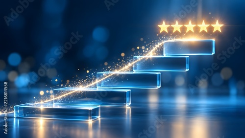 Glass staircase with a glowing upward light trail leading to five stars symbolizing business growth career success and the path to excellence.
