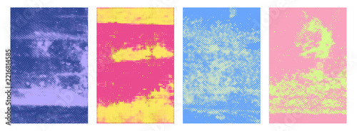 Colorful halftone grunge poster texture set in purple, pink, blue, yellow. Abstract punk backgrounds with distressed dot pattern, rough print effect, retro style for banner, flyer, scrapbook