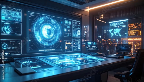 High-tech laboratory interior with glowing digital monitors.