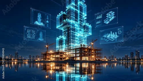 Modern building construction over water at night with glowing blue holographic architectural plans and data charts illustrating advanced BIM engineering and smart city planning.