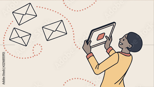 Woman using laptop receiving email messages, online communication and digital correspondence concept with flying envelopes and remote messaging