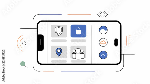 Mobile application security and privacy concept with smartphone, lock, shield, location, users and digital protection interface