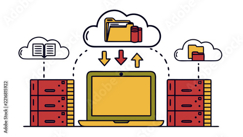 Cloud data storage and file transfer concept with laptop, servers, folders, download and upload arrows illustrating digital backup and network technology