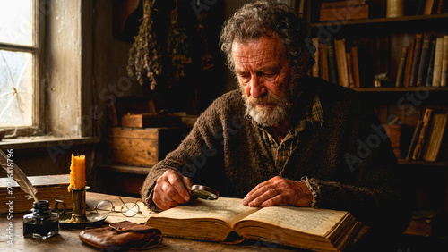 Senior man reading old book with magnifying glass in rustic library