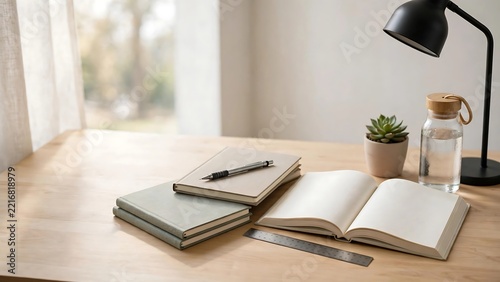 Modern wooden study table with table lamp and books