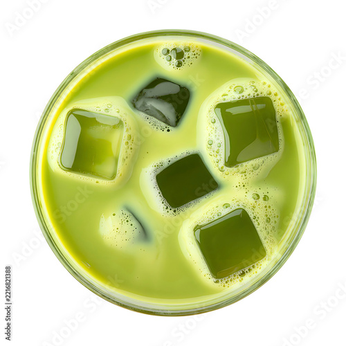 Matcha latte with ice cubes isolated on transparent background for commercial beverage menu design