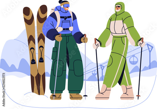 Skiers couple standing with ski poles at alpine mountain resort. People frien...