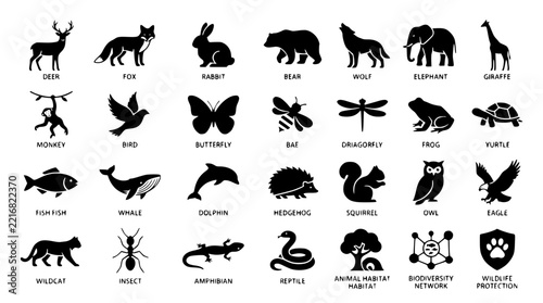 28 Wildlife Silhouette Icon Set of Animals and Habitat Symbols for Conservation Biodiversity Education Nature Branding Environmental Projects and Wildlife Graphic Design