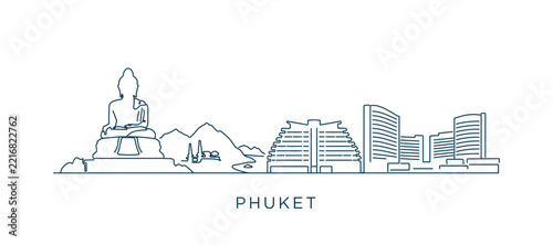 Phuket Thailand travel destination concept with linear vector skyline and thin line architecture
