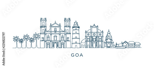 Goa India travel destination concept with linear vector skyline and tropical beach architecture