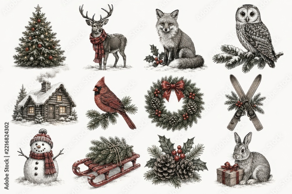 Fototapeta premium Vintage Christmas wildlife illustrations, cabin, wreath, sled and skis