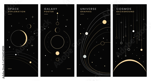 Set of four minimalist space and galaxy posters with planets and stars and graphic