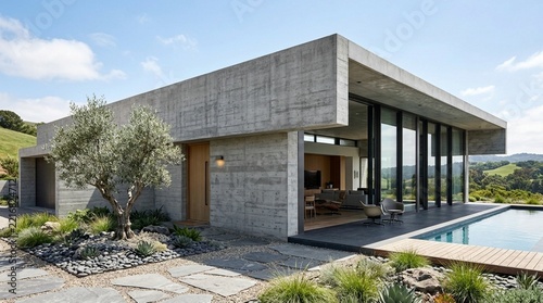 Modern Concrete House with Pool and Lush Landscape