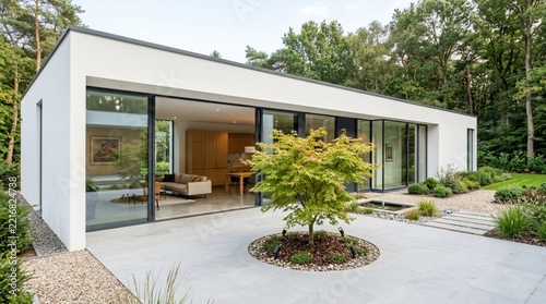 Modern House Architecture with Glass Walls and Green Garden