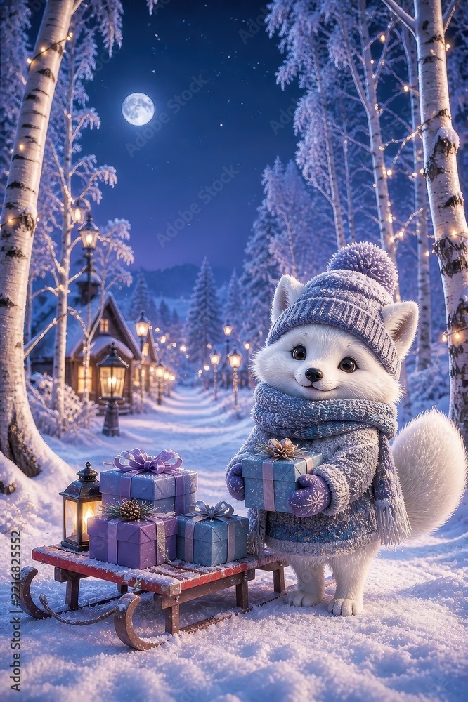 Fototapeta premium Adorable winter fox carrying gifts beside a snowy sleigh