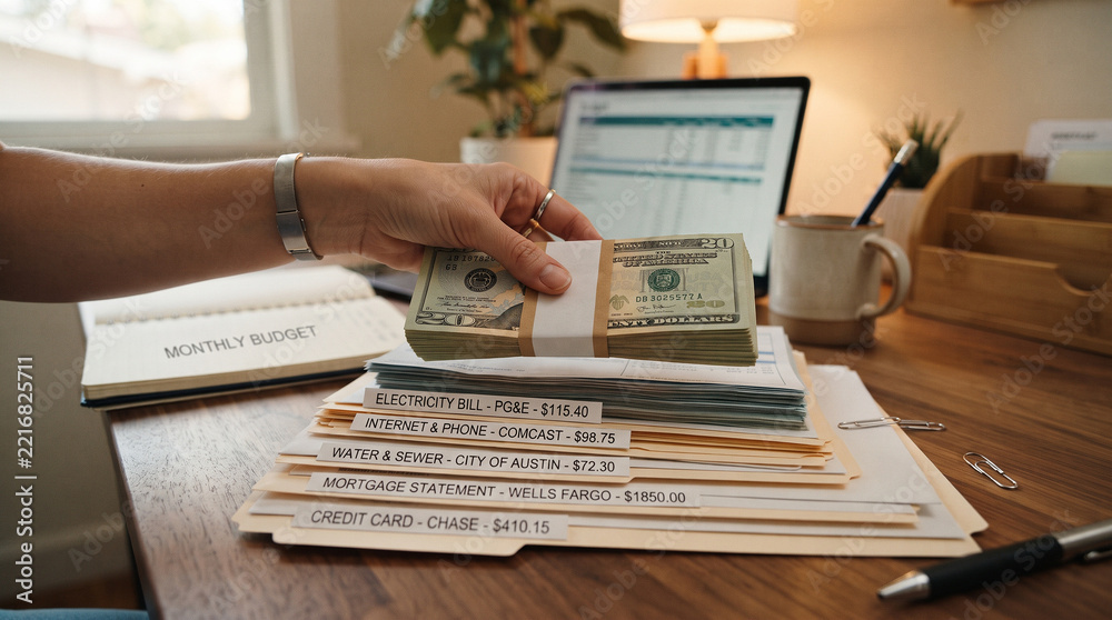 Obraz premium Budgeting Money at Home: A person's hand carefully places a stack of dollar bills onto a desk covered with financial documents, including bills and a laptop displaying a spreadsheet.