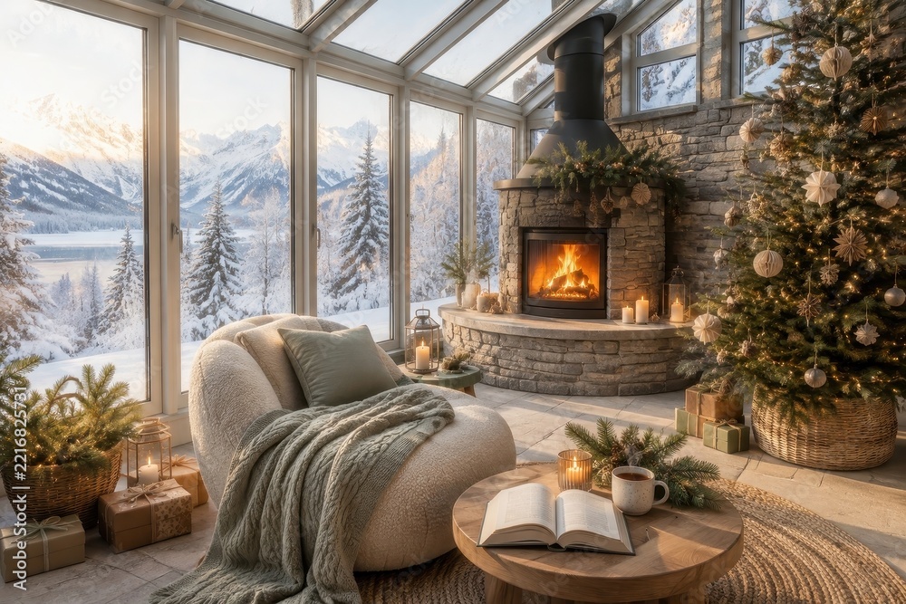 Fototapeta premium Cozy glass cabin living room with fireplace, Christmas tree