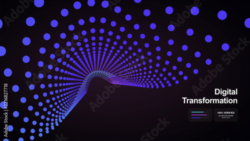Abstract digital transformation background with glowing blue dotted particle wave flow