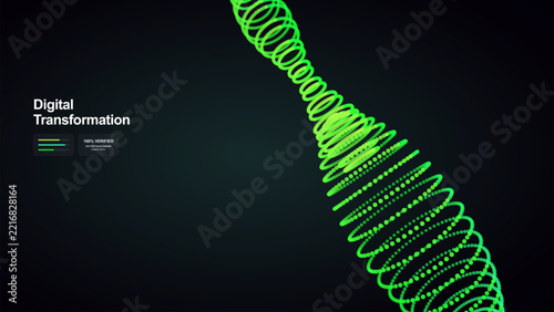 Abstract digital transformation concept with glowing green dotted geometric shape forming a dynamic vortex structure
