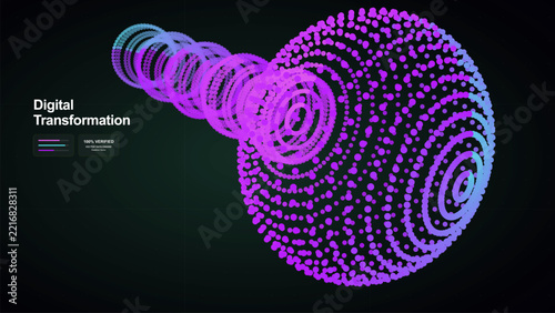 Abstract digital transformation concept featuring a glowing particle sphere with flowing tunnel effect