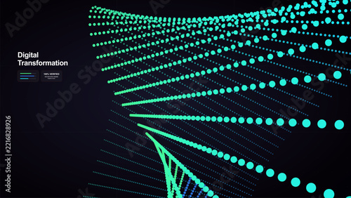 Abstract digital transformation background featuring dynamic glowing teal light dots forming flowing waves