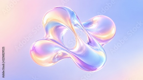 Abstract futuristic iridescent fluid torus knot sculpture with soft pastel rainbow gradient on clean minimal background