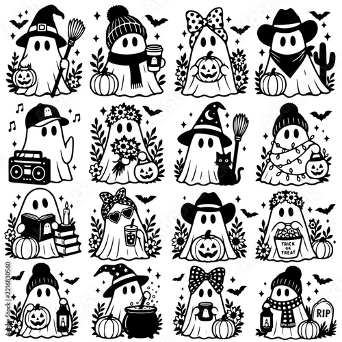 Cute Ghost SVG Bundle, Cute Halloween Ghost Clipart, Spooky Cute Ghost PNG, Fall Halloween Cut Files for Cricut, Ghost Sticker SVG