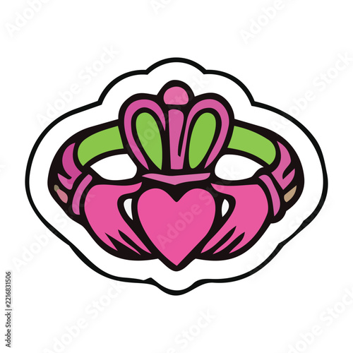 Colorful cartoon Claddagh ring sticker with hands holding a heart and crown