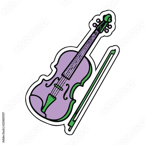 Cute purple and green cartoon violin sticker with bow