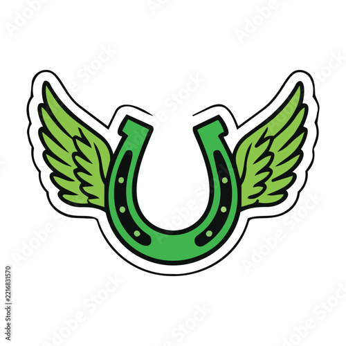 Green winged horseshoe sticker illustration on white background