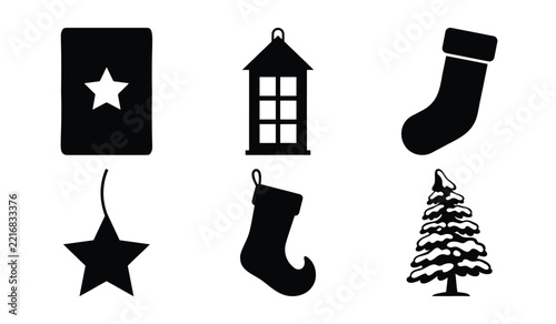 Christmas winter holiday symbols collection with stockings and festive tree art
