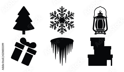 Festive winter holiday icon set featuring snowflakes and traditional tree symbols