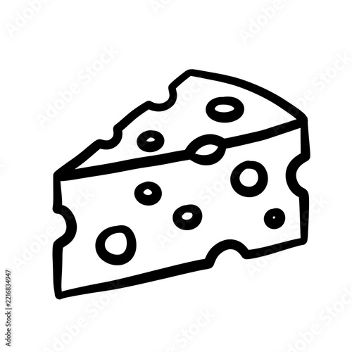 Hand drawn minimalist black line art illustration of a triangle cheese wedge isolated on transparent background