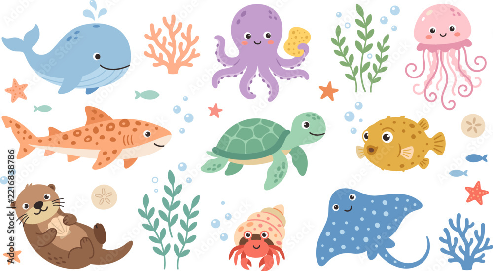 Fototapeta premium Cute Sea Animals and Marine Life Character Set with Whale, Turtle, Shark, Otter, Octopus, Stingray, and Coral Vector Illustration