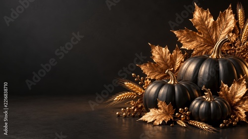 Bronze leaves with black pumpkins and golden wheat for a Thanksgiving background