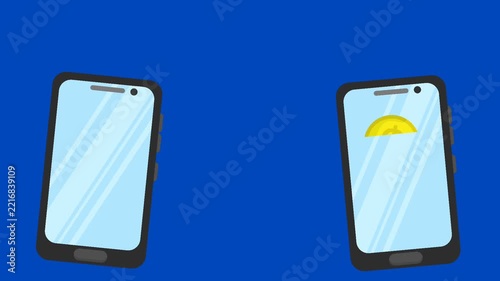 Online money transfer between two smartphones animation, digital wallet payment concept on blue background.