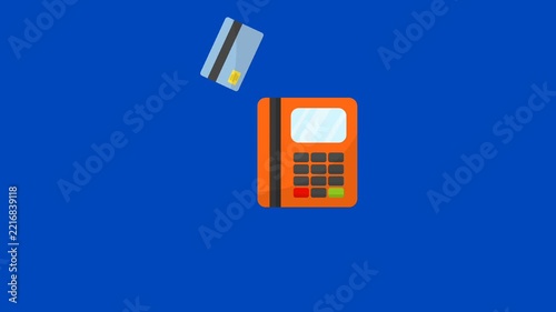 Credit card swiping through POS terminal animation, electronic payment concept on blue background.