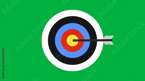 Arrow hitting the center of a colorful archery bullseye target animation, business goal achievement concept on green screen background.