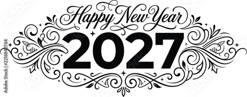 2027 happy new year text design with elegant calligraphy and decorative flourishes