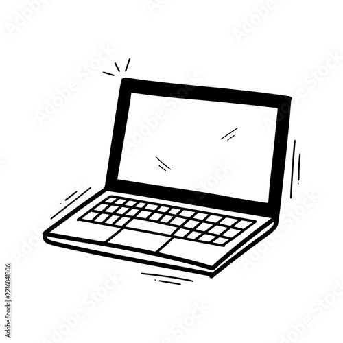 Hand drawn laptop computer illustration with open screen and keyboard, modern technology device in black and white line art isolated on white background. Doodle Vector - EPS 10 Vector