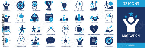 Motivation solid icon set. motivation, motivational, inspiration, success, achievement, goal, goal setting