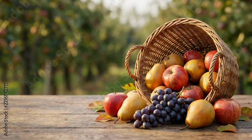 A wicker basket tipped over on a wooden table with apples, pears, and grapes spilling out in an outdoor orchard setting.
