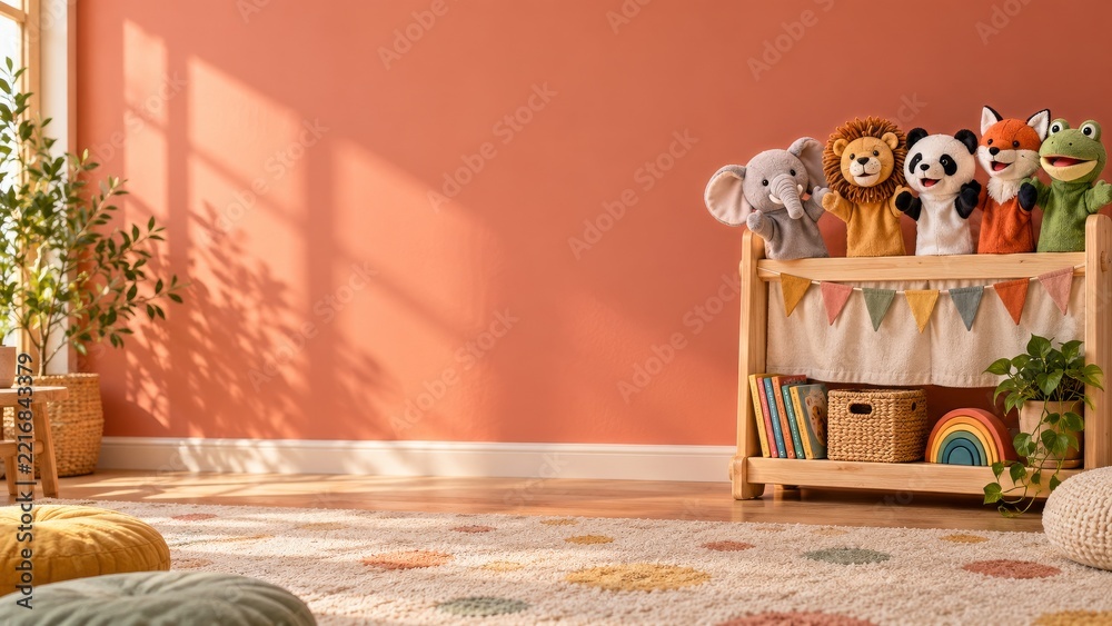 Fototapeta premium Colorful Animal Hand Puppets on a Wooden Stand against a Coral Wall