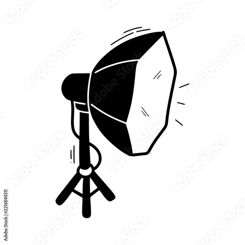 Hand drawn studio softbox light illustration on a tripod stand, professional photography lighting equipment in black and white line art, isolated on white background. Doodle Vector - EPS 10 Vector