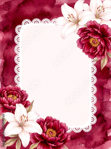 Burgundy peonies and white lilies watercolor frame with lace border