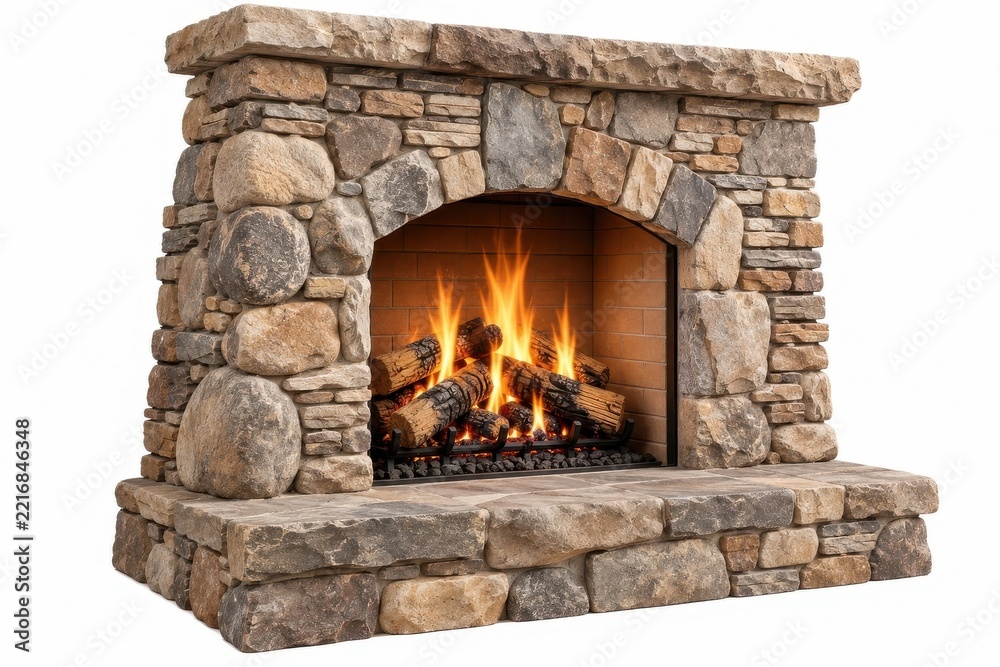 Fototapeta premium Rustic stone fireplace with warm glowing flames and firewood
