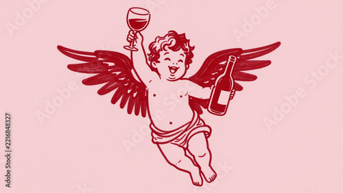 Flying Cherub Toasting with Wine Glass and Bottle - Vintage Red Line Art for Romantic Wedding Invitations, Valentine's Day Cards, and Cupid-Themed Party Decor